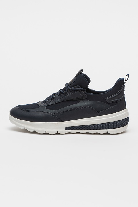 Geox, Pantofi sport din piele cu segmente din material textil Spherica, Alb/Bleumarin