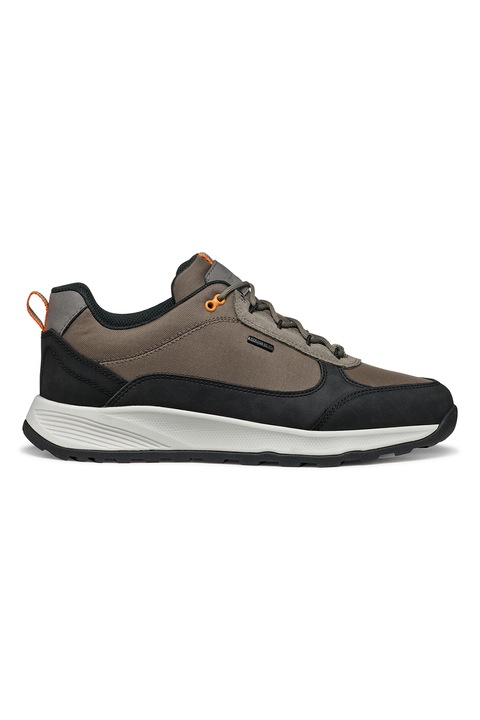 Geox, Pantofi sport de piele ecologica cu garnituri de piele intoarsa si material textil, Maro taupe/Negru stins/Portocaliu mandarina