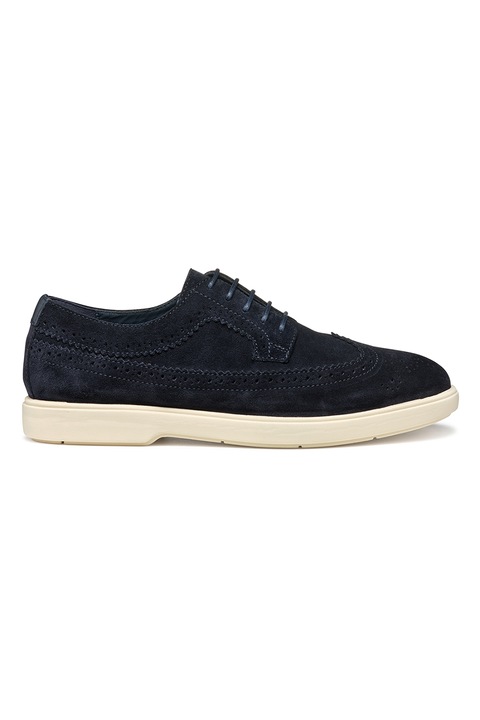 Geox, Pantofi brogue din piele intoarsa cu perforatii, Alb fildes/Albastru ultramarin