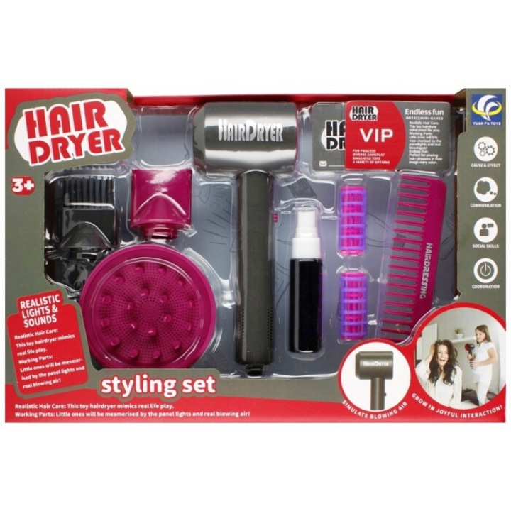 Mega Creative Фризьорски комплект, сешоар със звук, 3 аксесоара, 2x ролки, многоцветен, 29x26x7cm