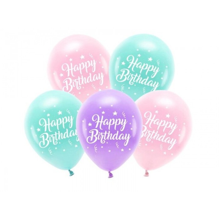 Set baloane Eco Happy Birthday roz 26cm, 5 bucati