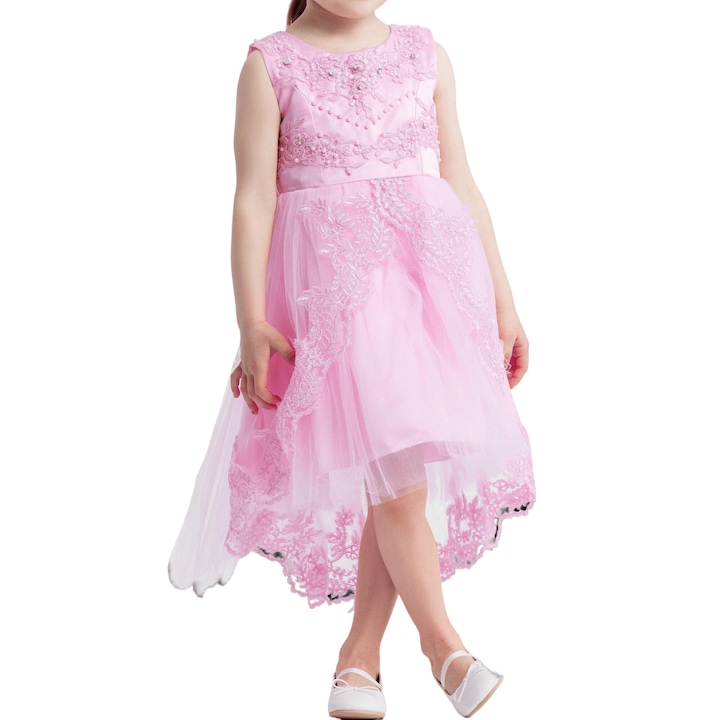 Fabienne elegáns kislányruha, rózsaszín, finom hímzéssel és aszimmetrikus tüllből, ideális különleges eseményekre