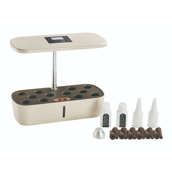 Саксия за растения с хидропонна система, LED, 12 растения, Бежов