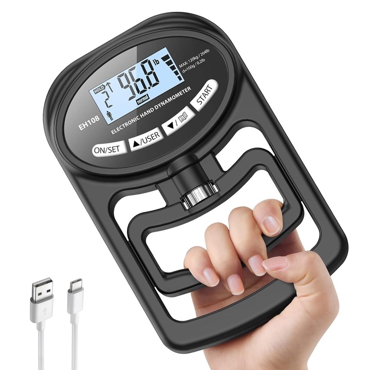 Flexor Maini Reglabil, Axroad Mall, 0-120 kg, Afisaj digital, Prindere usoara, Imbunatateste flexibilitatea, Cu USB cable, Ergonomic, Usor de transportat, Pentru antrenament Maini, incheietura, exercitii Recuperare, Plastic, 19.5x12.5cm, Negru