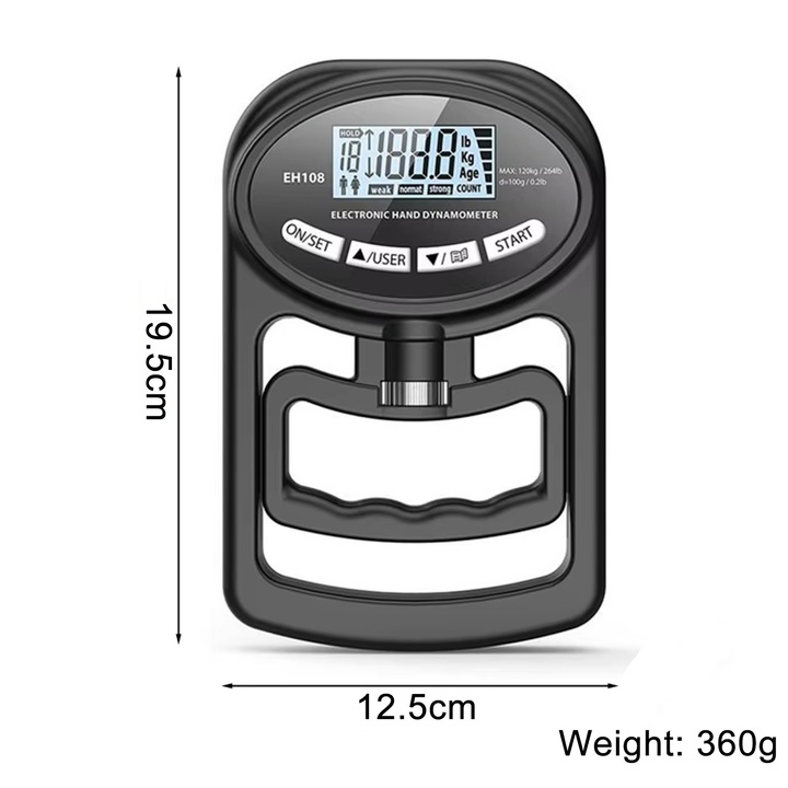 Állítható marokerősítő, Axroad Mall, 0-120 kg, Digitális kijelző, Könnyű fogás, Javítja a hajlékonyságot, USB kábellel, Ergonomikus, Könnyen hordozható, Kéz-, csukló- és regenerálódási edzéshez, Műanyag, 19,5x12,5cm, Fekete
