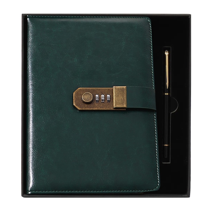 Agenda Cu Sistem de Blocare, Axroad Mall, A5, 100 de file, Cu stilou si Cutia, Husa este impermeabila, Protectia ochilor, Semn de carte, Suport pentru carduri, Suport stilou, Pentru familie, prieteni, PU/Hartie, 152x220mm, Verde