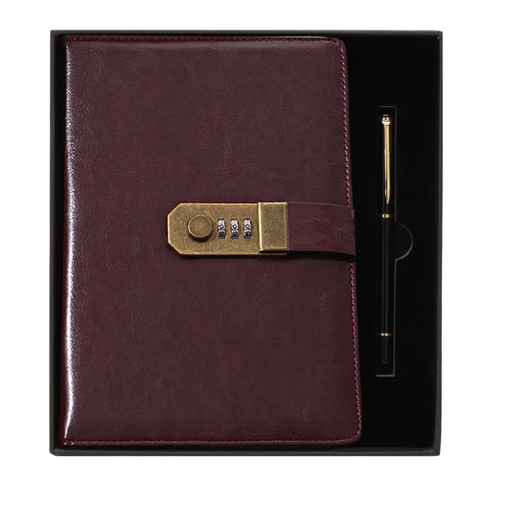 Agenda Cu Sistem de Blocare, Axroad Mall, A5, 100 de file, Cu stilou si Cutia, Husa este impermeabila, Protectia ochilor, Semn de carte, Suport pentru carduri, Suport stilou, Pentru familie, prieteni, PU/Hartie, 152x220mm, Maro