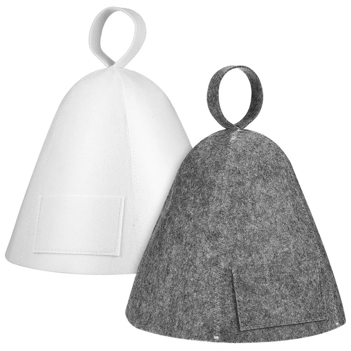 Set 2 palarii de protectie pentru sauna, Axroad Mall, Absorbant de apa, Agatare si uscare usoara, Pentru ingrijirea fetei, baie, gatit, curatenie la domiciliu, sauna, Material Fetru, Circumferinta 72 cm, Gri/Alb