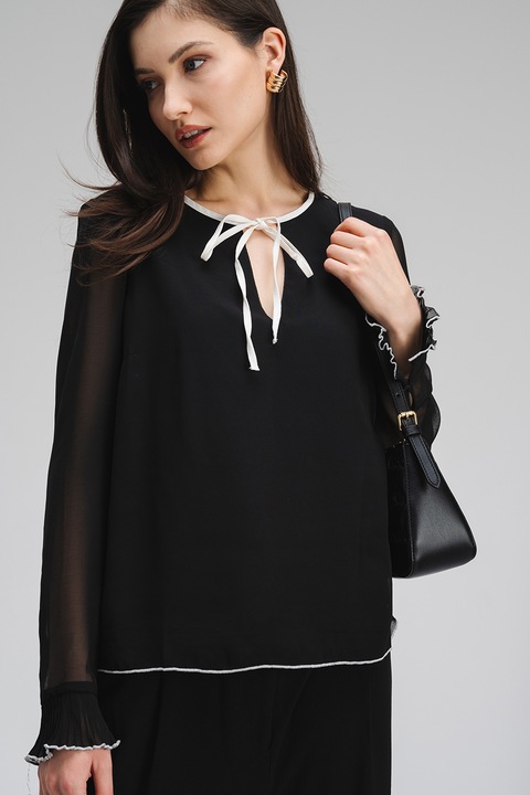 Vero Moda, Bluza cu decolteu in V si maneci transparente, Negru, M