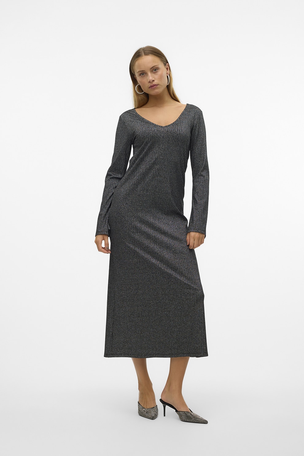 Vero Moda, Rochie lunga din lurex cu decolteu in V, Negru, Argintiu, S