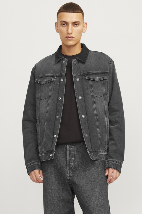 Jack & Jones, Farmerdzseki kordbársony gallérral, Koptatott fekete, 2XL
