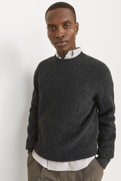 Jack & Jones, Пуловер с овално деколте и релеф, Антрацитно сиво