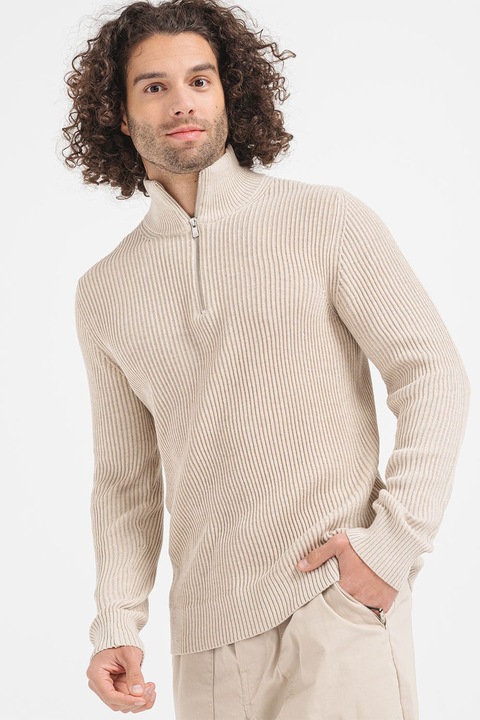 Jack & Jones, Пуловер Liam с къс цип, Сиво-бежов
