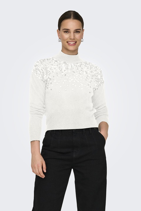 Only, Pulover cu aplicatii cu paiete, Alb, L