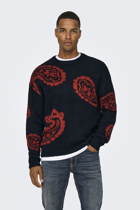 Only & Sons, Kerek nyakú pulóver mintával, Piros/Sötétkék, S