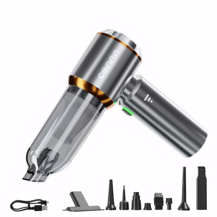 Aspirator auto CENRR, Putere de aspiratie 18000PA, Acumulator 6000 mAh, Motor fara perii, Design portabil, Multifunctional, Pentru masina si casa, Aspirare, Suflare, Vidare, Umflare, 3 trepte de viteza, 10 accesorii, Argintiu Auriu