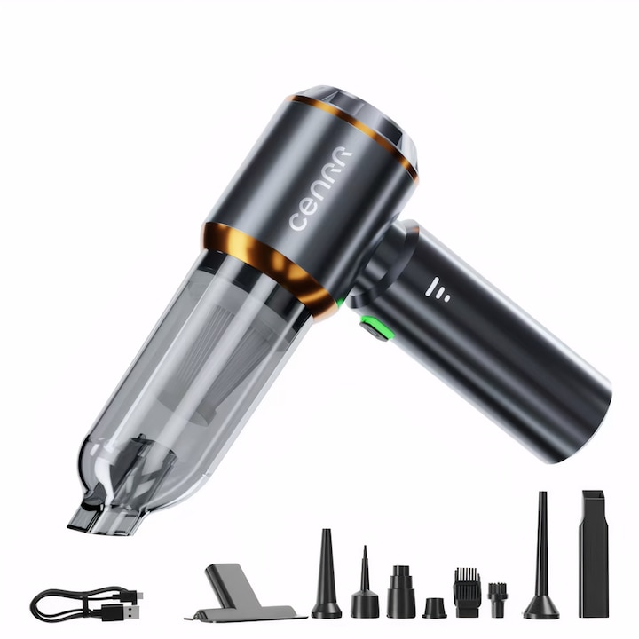 Aspirator auto CENRR, Putere de aspiratie 18000PA, Acumulator 6000 mAh, Motor fara perii, Design portabil, Multifunctional, Pentru masina si casa, Aspirare, Suflare, Vidare, Umflare, 3 trepte de viteza, 10 accesorii, Gri inchis