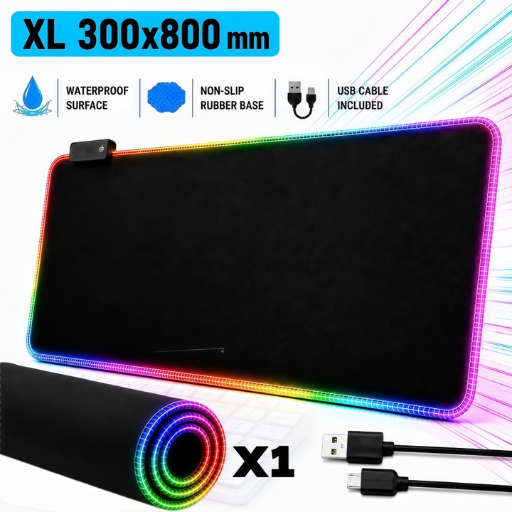 MousePad Gaming Profesional EXCITAT®, Iluminat RGB LED XL, Pentru Gaming, Suprafata Textila Premium, Birou, Office, Antiderapant, Cusaturi Anti-Rupere, Waterproof, Alimentat prin USB, 300x800mm, Negru