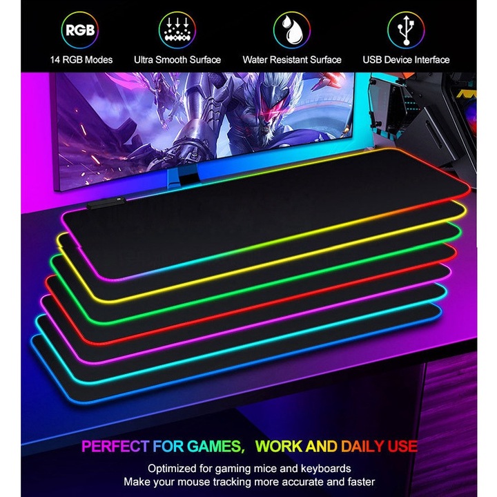 Голяма гумена подложка за мишка, EXCITAT®, RGB LED XL осветление, за игри, първокласна текстилна повърхност, офис, неплъзгаща се, шевове против разкъсване, водоустойчива, захранвана от USB, 300x800x3 мм, черна