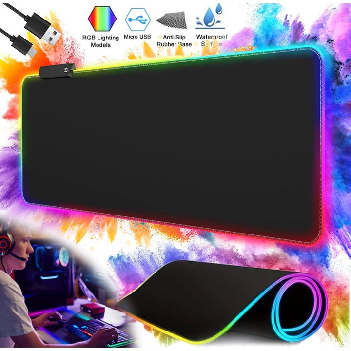 Nagyméretű gumi egérpad, EXCITAT®, RGB LED XL világítás, Játékhoz, Prémium textil felület, Irodához, Csúszásmentes, Szakadásgátló varrások, Vízálló, USB-ről táplált, 300x800x3mm, Fekete