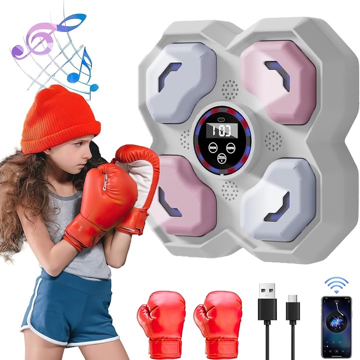 Bluetooth музикална боксова машина за деца, монтирана на стена електронна боксова подложка, 9 режима, регулируема скорост за възрастни, LED дисплей, деца, музикална боксова игра за начинаещи, Excitat®, бяло/розово