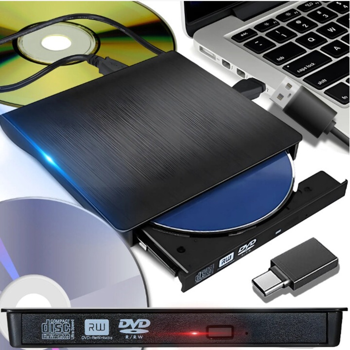 Външно DVD записващо устройство, EXCITAT®, USB 3.0, Type-C, CD, DVD +/-, RW, SD, Type-C кабел, Съвместимо с лаптоп, PC, настолен компютър, Mac Book, Windows 10/8/7, Черен