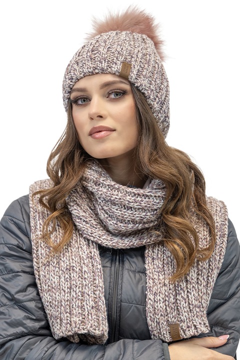 Vivisence Set de Iarna Modern pentru Dama, Compus din Caciula cu Pompon si Fular Lung din Fir Bicolor, cu Captuseala Antistatica pentru Protectie Optima Impotriva Frigului, Roz, Marime Universala