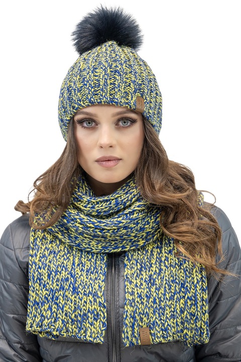 Vivisence Set de Iarna Modern pentru Dama, Compus din Caciula cu Pompon si Fular Lung din Fir Bicolor, cu Captuseala Antistatica pentru Protectie Optima Impotriva Frigului, Galben, Marime Universala