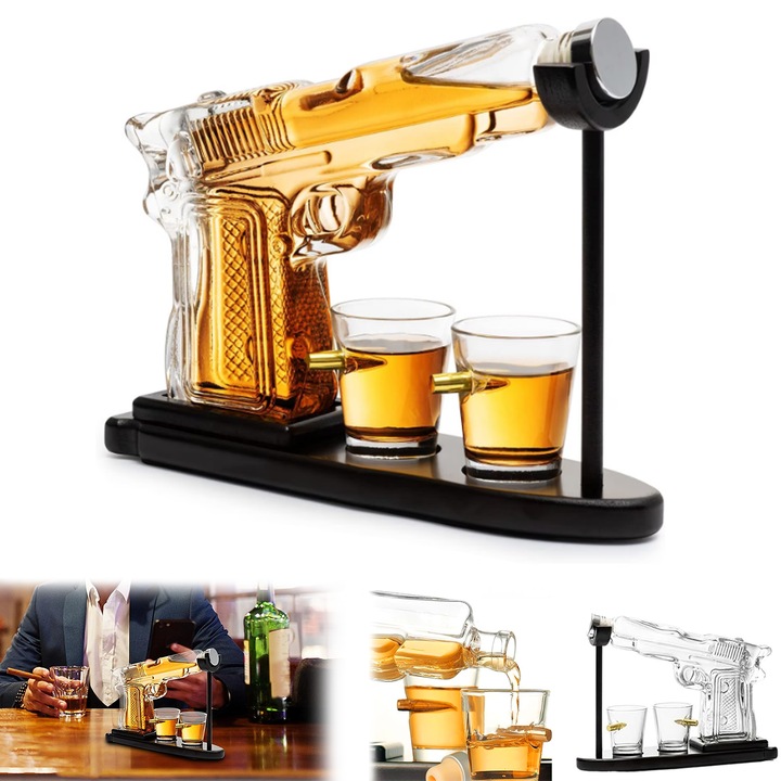 Set Decantor, Set Decantor Whiskey Tip Pistol Stativ Lemn cu 2 Pahare 9 Oz Design Elegant Cutie Cadou, pentru pub-uri petreceri case