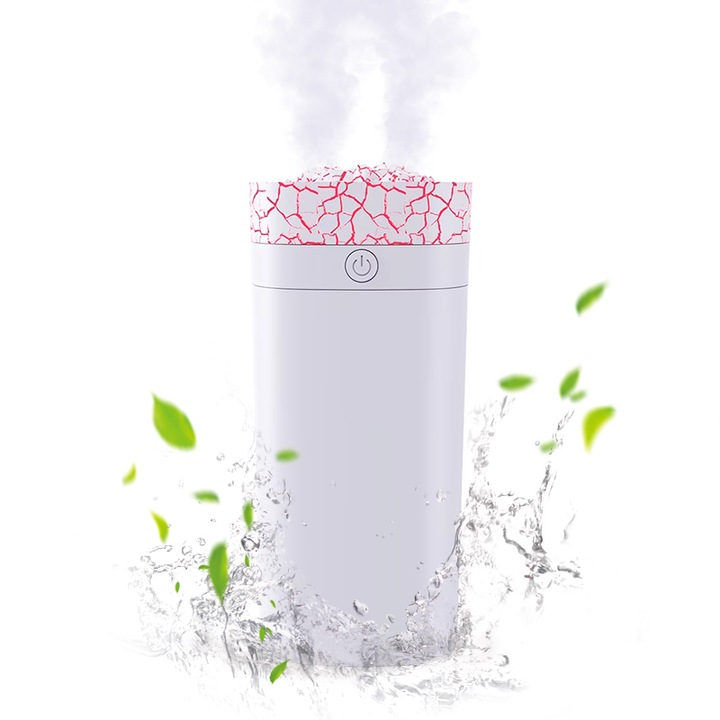 Seria Bonfire cu dublu jet, umidificator cu ultrasunete, lumina cu schimbare de culoare in 7 culori, functionare silentioasa, reglare cu trei viteze, USB, potrivit pentru dormitor, birou, masina, capacitate 600 ml, alb