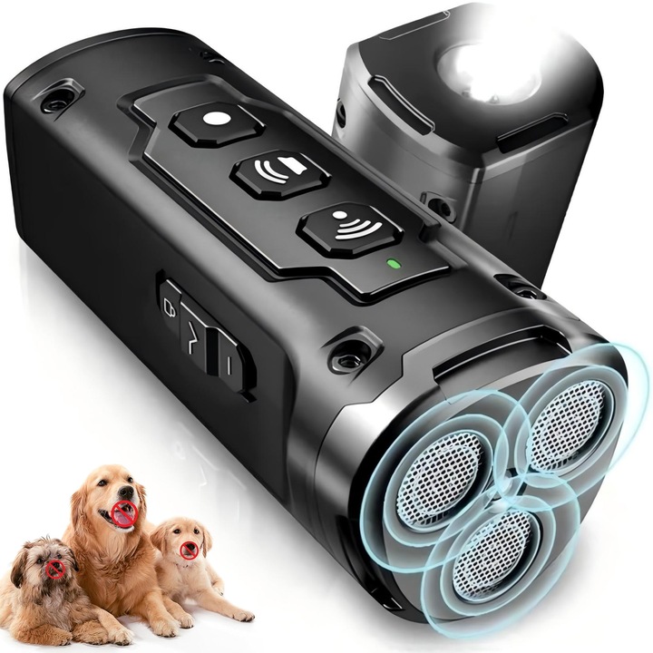 Dispozitiv Anti-latrat Pentru Caini, Electronic cu Ultrasunete Solutie Eficienta Fara Socuri si Inofensiv Pentru Animale Sigur si Usor de Folosit cu Functie AntiLatrat de Dresaj, Negru