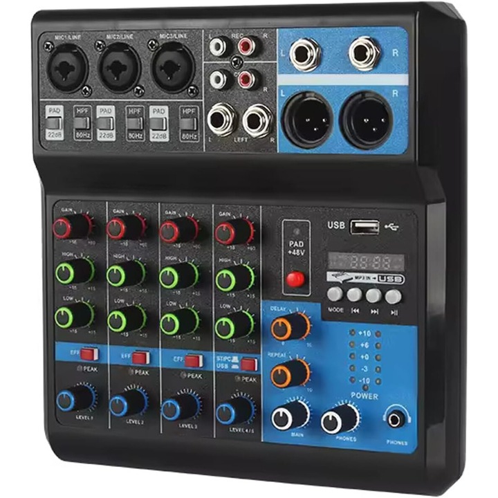 Професионален аудио миксер, 5 канала, 48V фантомно захранване, Bluetooth, USB, преносим