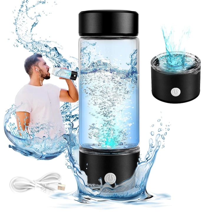 Hidrogén vizes palack, 3 perces gyors elektrolízis, 14 oz kapacitás, elegáns design, fekete