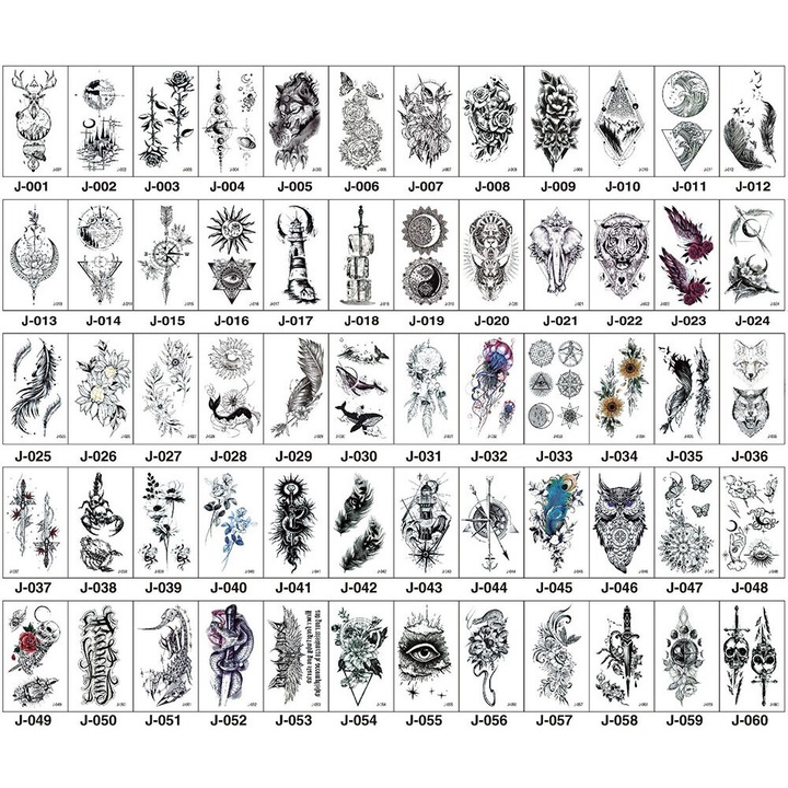 Set 60 Tatuaje Temporare, Diverse Designuri, Gri, Marime Mica