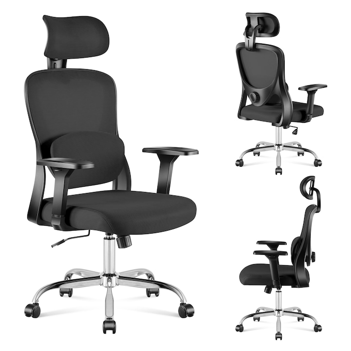 Scaun de birou ergonomic Mark Adler Manager 3.2 cu cotiere, suport lombar, material tip plasa, Negru