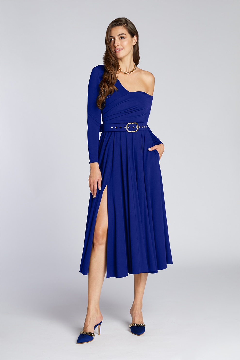 Alina Cernatescu, Rochie cu decolteu pe un umar si slit lateral, Bleumarin, M