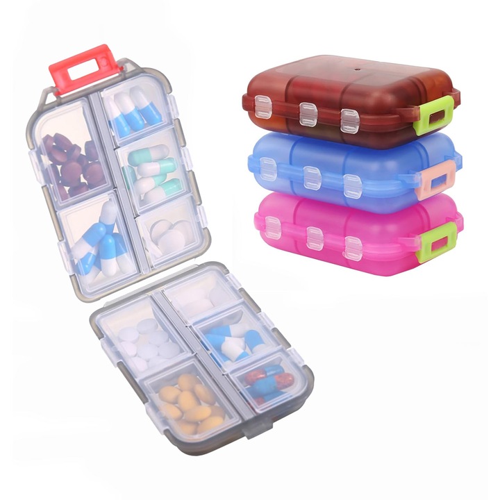Комплект от 4 кутии за съхранение на лекарства, 7 дни, 10 отделения, с капак, за пътуване или в движение, пластмасови, лесни за използване, OUYLAF, многоцветни