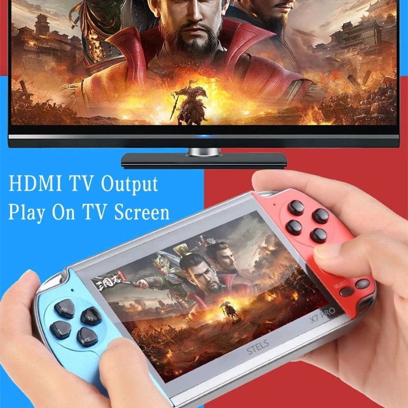 Consola jocuri STELS X7 Pro, ecran color de 4,3 inchi, HDMI, 21.000 de jocuri, albastru/rosu
