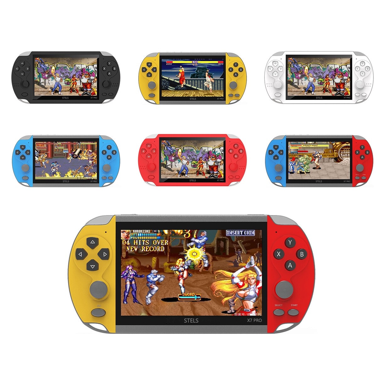 Consola jocuri STELS X7 Pro, ecran color de 4,3 inchi, HDMI, 21.000 de jocuri, galben/rosu