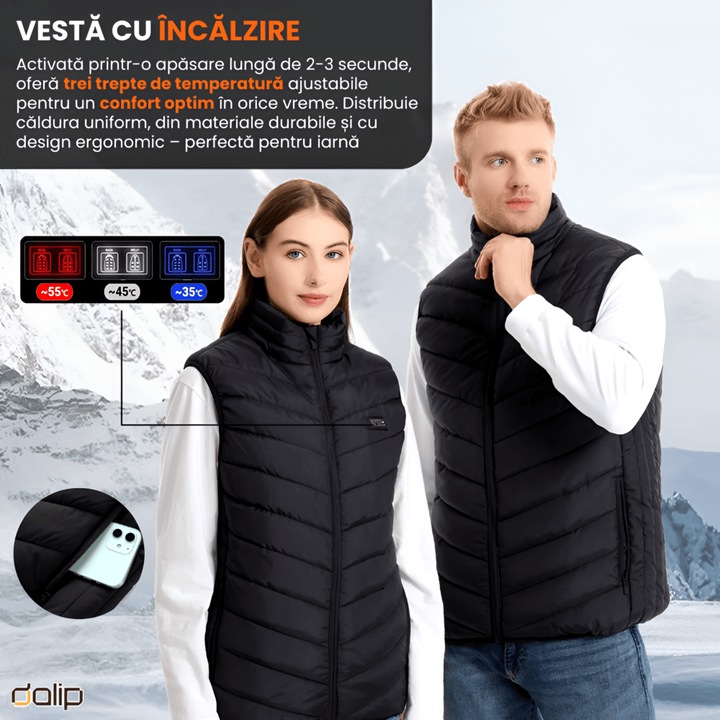 Електрическа нагревателна жилетка Dalip, размер SM, 11 нагревателни зони, 3 температурни настройки, въглеродни влакна, за дейности на открито и ежедневна употреба, включена батерия, черна