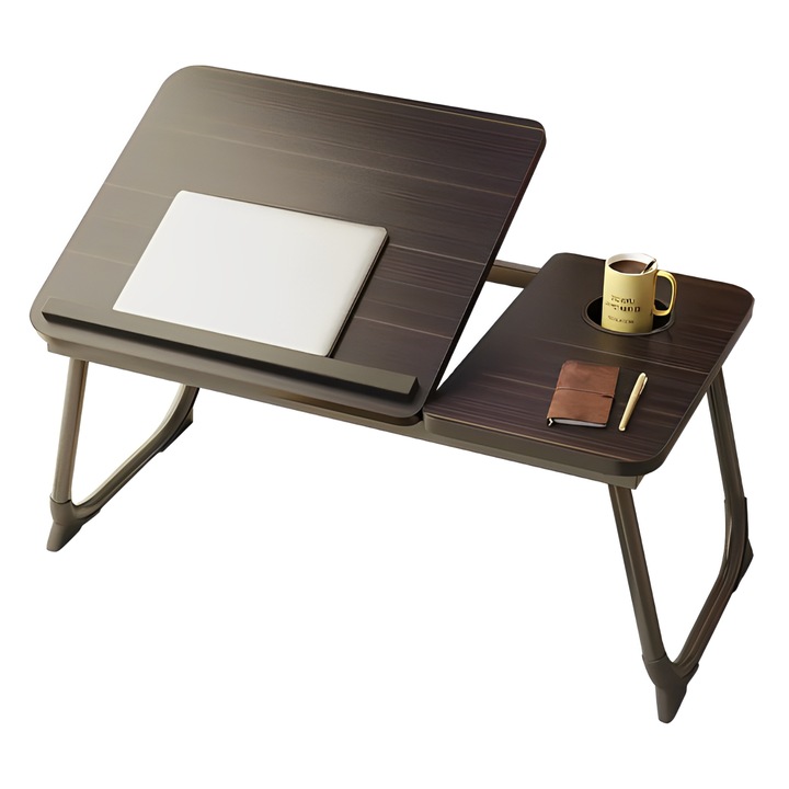 Сгъваема маса за лаптоп, с регулируем наклон, поставка за чаша, Herum, Кафява, 60 x 32 x 25 cm