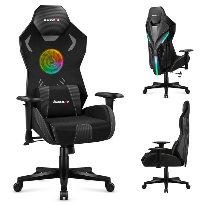 Геймърски стол Huzaro Combat 7.6 LED RGB, Мрежест материал, с регулируеми подлакътници, 140 кг, Черен