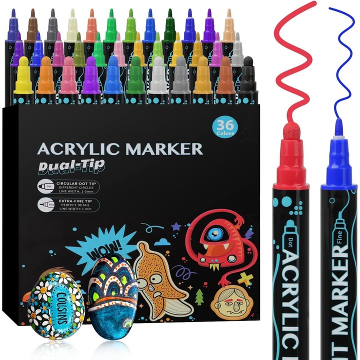 Set 36 markere acrilice, Zola, 2 capete subtire si gros, varf extra fin 0.7 mm, pentru hartie, piatra, sticla, ceramica, lemn, textile, panza, uscare rapida, multicolore