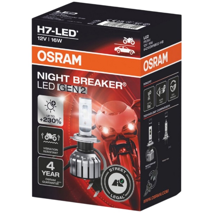 LED крушка OSRAM Gen.2 Night Breaker+230% LED H7, 16 W, 12 V, Блистер, 1 брой