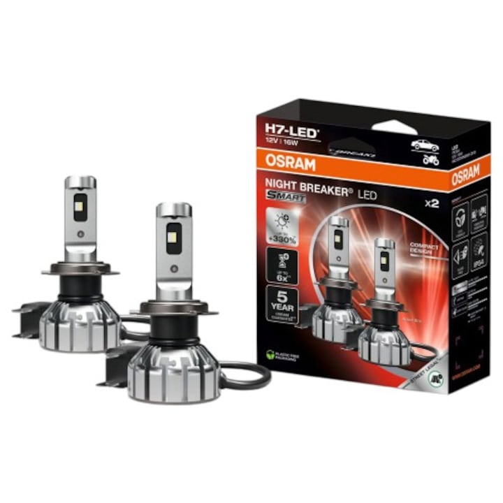 LED крушка Osram Smart Night Breaker +330% LED H7, 16 W, 12 V, Блистер, 2 броя