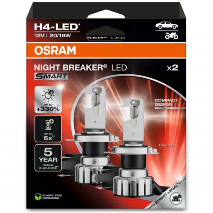 LED крушка Osram Smart Night Breaker +330% LED H4, 16 W, 12 V, Блистер, 2 броя