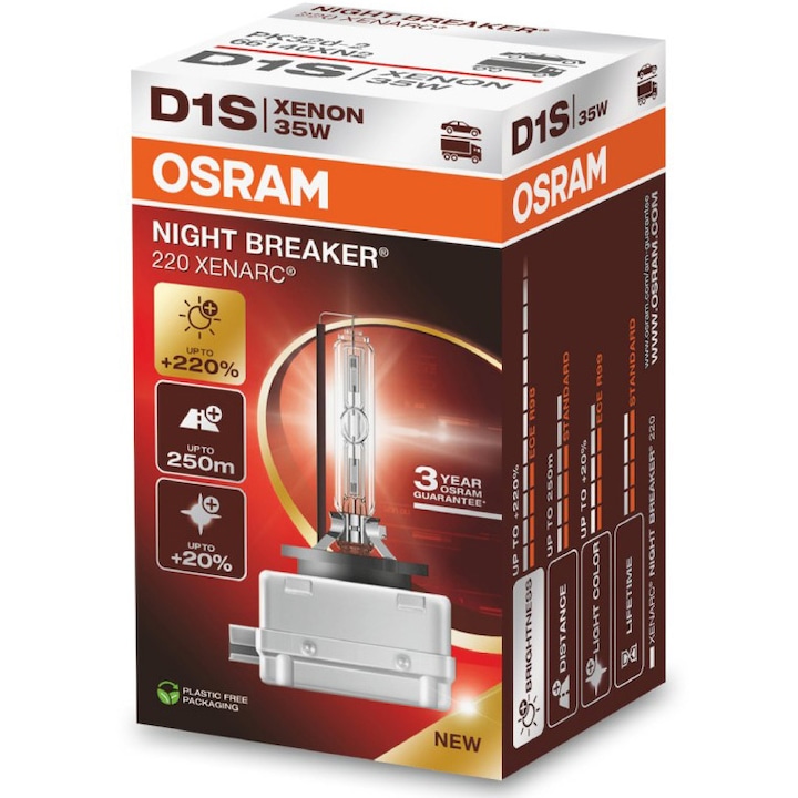 Ксенонова крушка за фар Osram D1S Night Breaker Laser +220%, 35W, PK32d-2, Кутия 1 бр