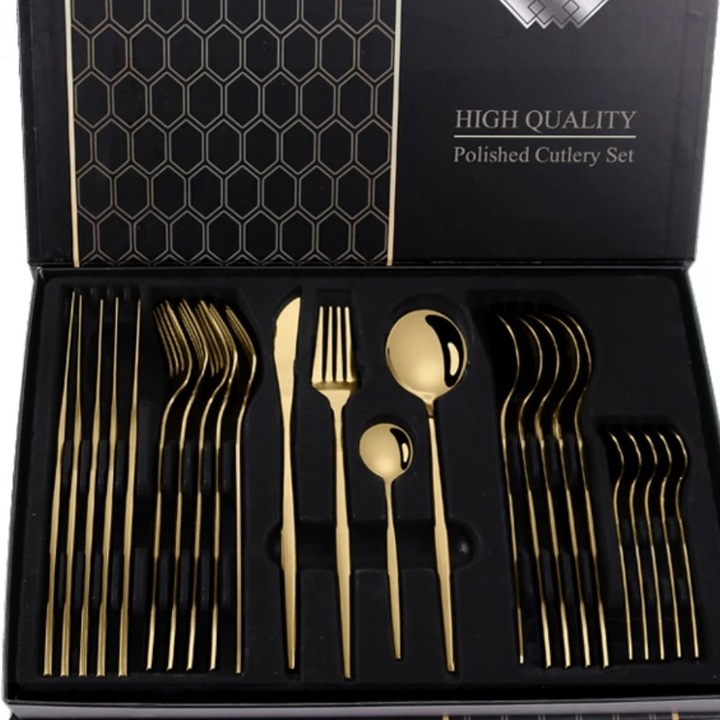 Set 24 tacamuri Welora in stil portughez din otel inoxidabil de calitate superioara, efect de oglindire, manere confortabile, persistenta indelungata, design ergonomic