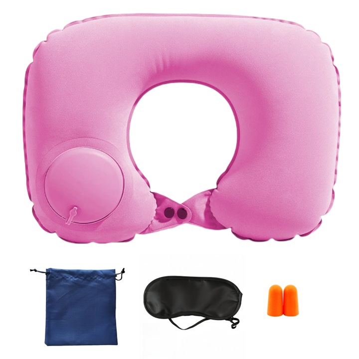 Perna pentru calatorie, material catifea pentru sustinerea gatului cu sistem de umflare Clasic Roz