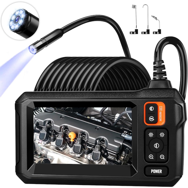 Camera endoscopica, Camera De inspectie Cu Cablu Sarpe De Inspectie Lungime 5M 8 LED-uri reglabile 1080P HD 4.3" ecran LCD 2000mAh IP67 Impermeabil, Negru